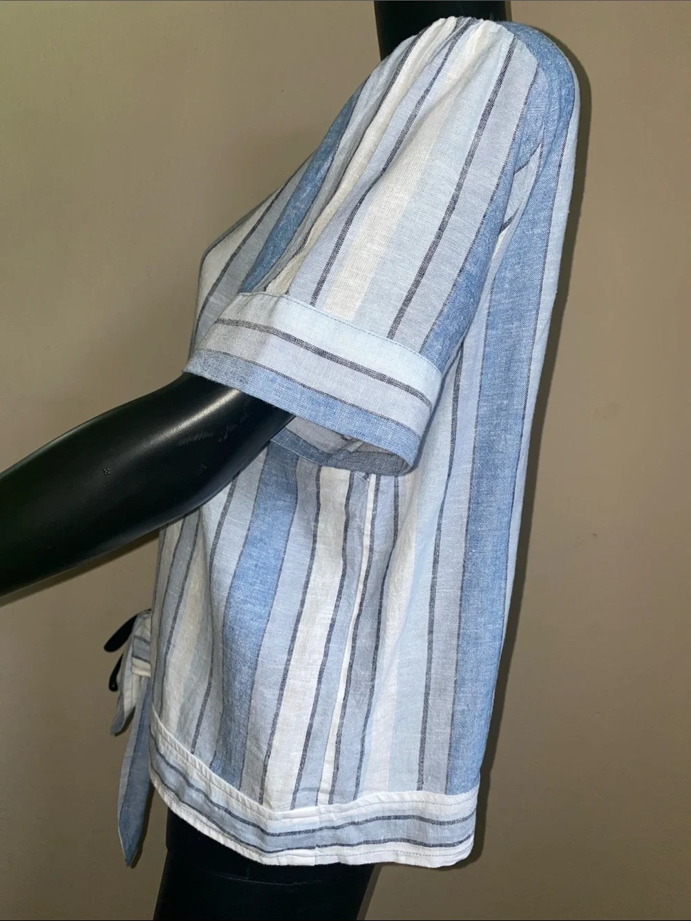 Michael Kors Blue and White Striped Tie-Front Button Linen Blend Blouse